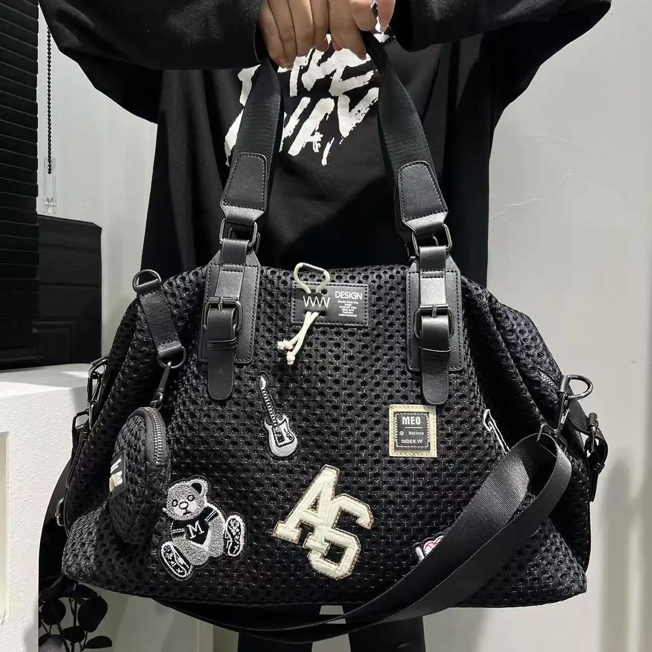 Mesh Nylon Adhesive Large Capacity Splicing Short Distance Travel Casual Handbag - Image 3