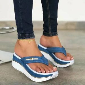 Metal Button Slides Shoes Wedge Beach Style Platform Leisure Flip Flops Sandals