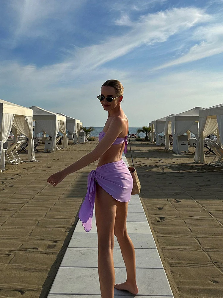 Pleated Solid Halter Low Waist Swimwear 3-Piece Bathing Suit - Image 4