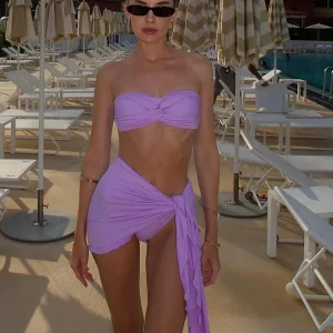 Pleated Solid Halter Low Waist Swimwear 3-Piece Bathing Suit