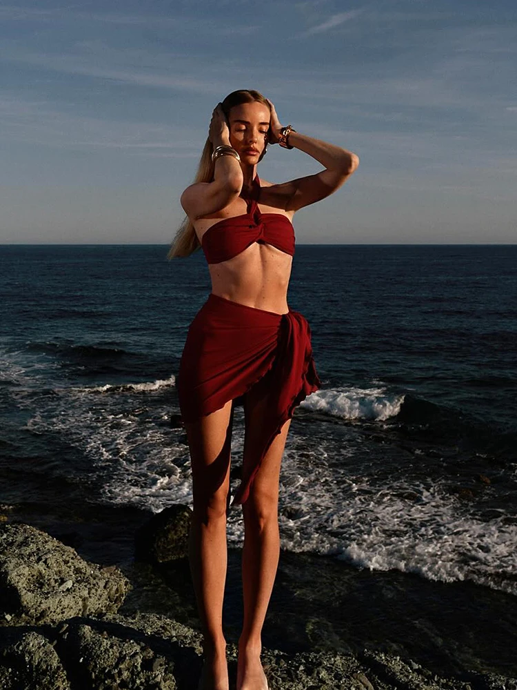 Pleated Solid Halter Low Waist Swimwear 3-Piece Bathing Suit - Image 15