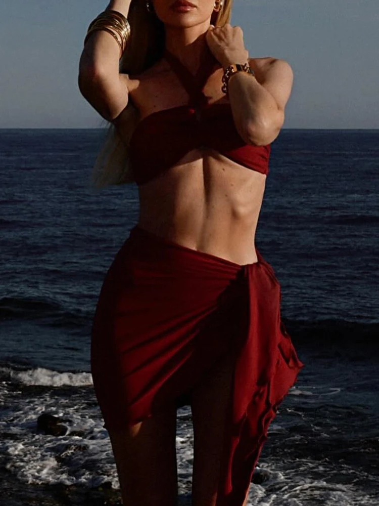 Pleated Solid Halter Low Waist Swimwear 3-Piece Bathing Suit - Image 16