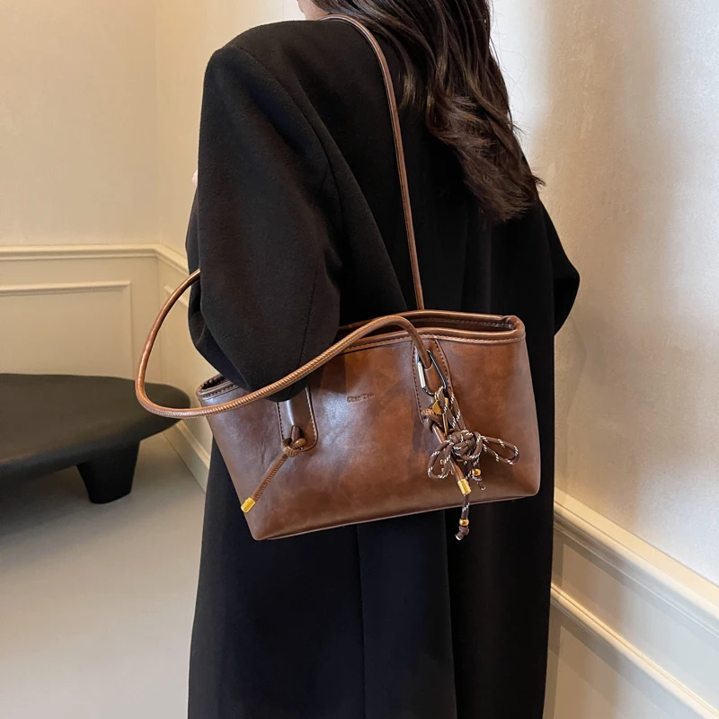 Casual Solid Retro Trend PU Leather Versatile Crossbody Shoulder Tote Bags - Image 5