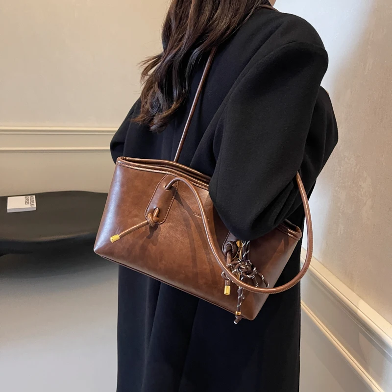 Casual Solid Retro Trend PU Leather Versatile Crossbody Shoulder Tote Bags - Image 4