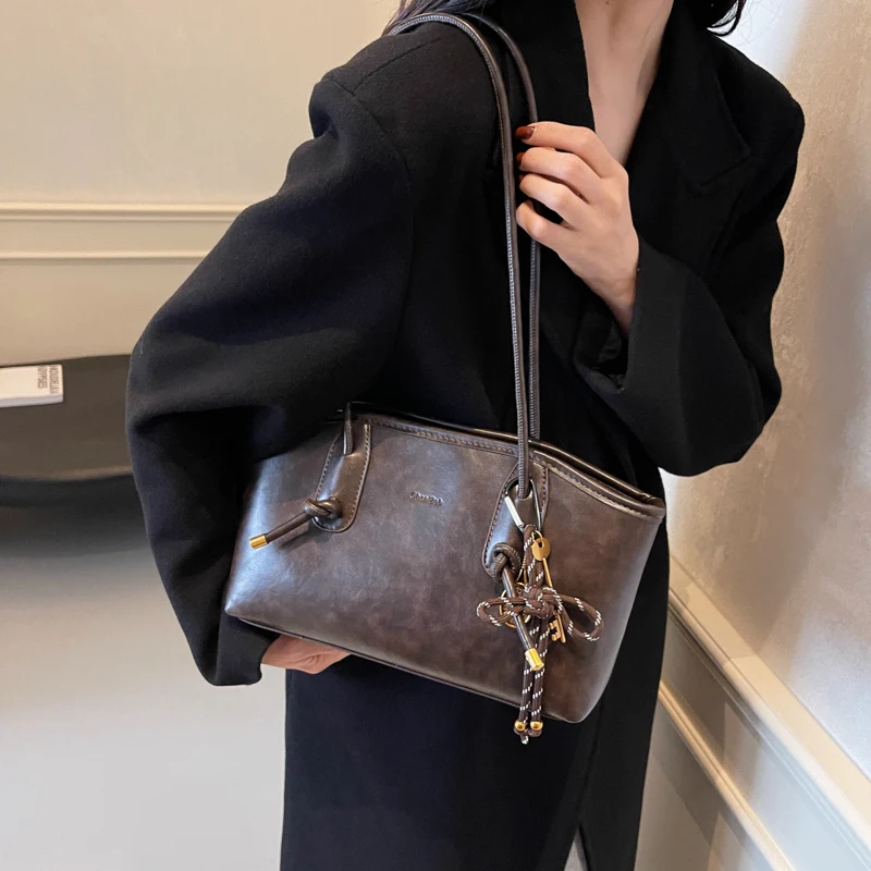 Casual Solid Retro Trend PU Leather Versatile Crossbody Shoulder Tote Bags - Image 3