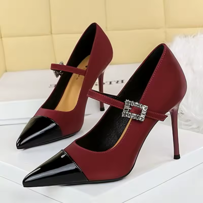 Elegant Rhinestone Buckle Strap Blocked Pointed Tip Stilettos High Heels Pumps - Image 3