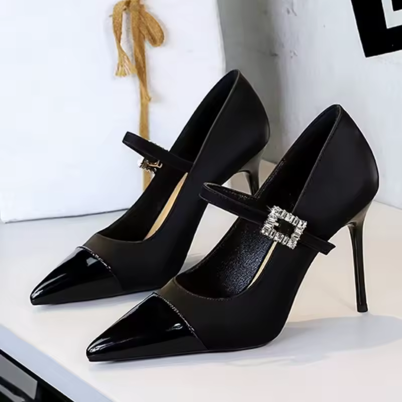 Elegant Rhinestone Buckle Strap Blocked Pointed Tip Stilettos High Heels Pumps - Image 6
