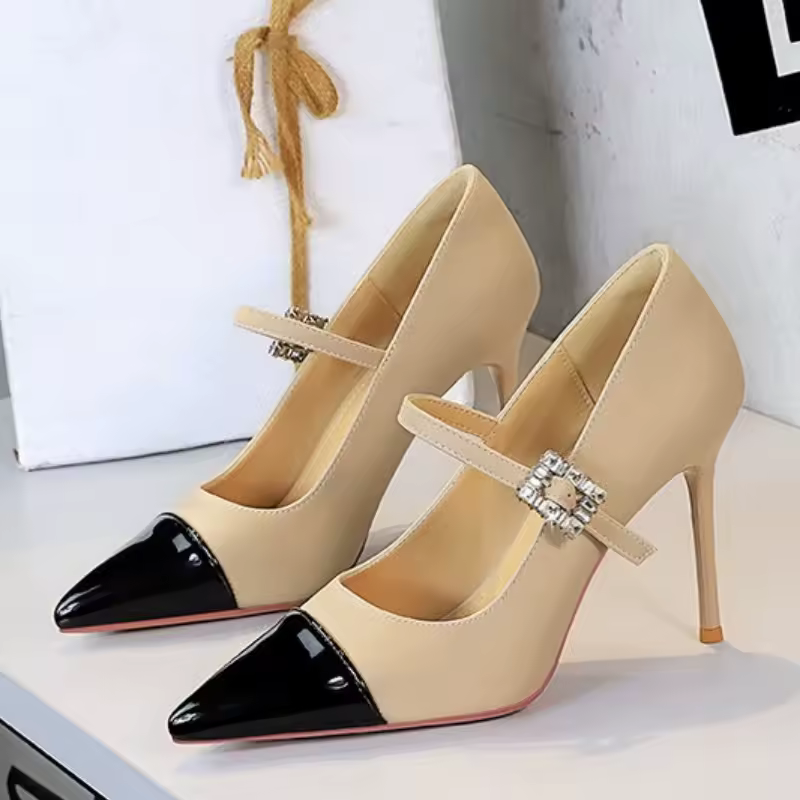 Elegant Rhinestone Buckle Strap Blocked Pointed Tip Stilettos High Heels Pumps - Image 5