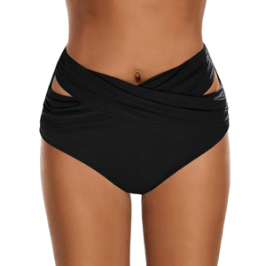 Ruched Cross Strap Design Solid Color Beachwear High Waist Swimming Pants