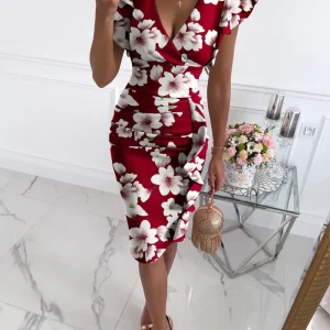 Ruffled Floral Print V-Neck Butterfly Sleeve Party Mid-Length Dress