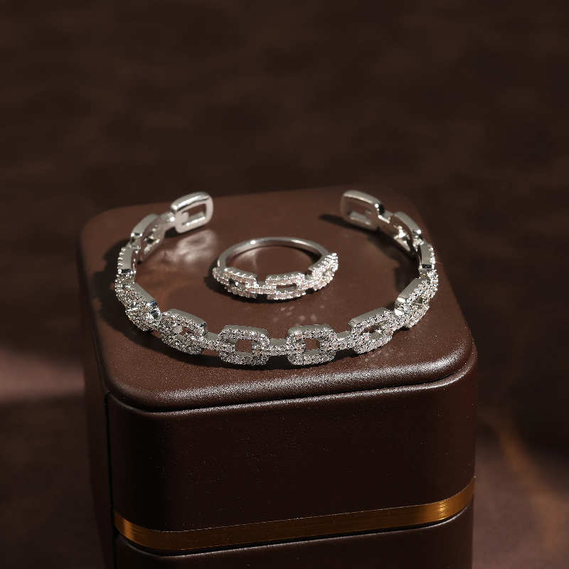 Shiny Crystal Elegant Charms Geometric Ring Bangle Jewelry Set - Image 2