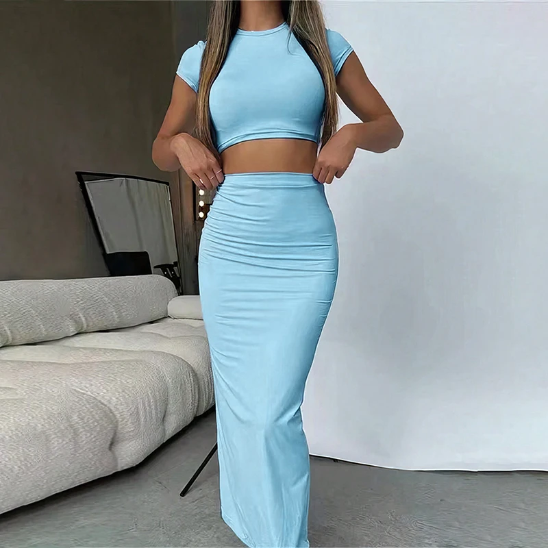 Short Sleeve O-Neck Crop Top High Waist Skirt Solid Suit Two Piece Set