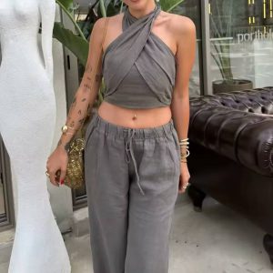 Sleeveless Halter Crop Tops High Waist Wide Leg Pants Sets