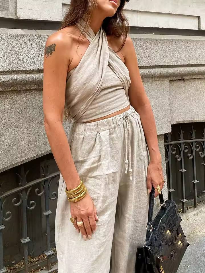 Sleeveless Halter Crop Tops High Waist Wide Leg Pants Sets - Image 4