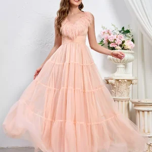 Sleeveless With Feather Trim And Tiered Tulle Maxi Party Dress