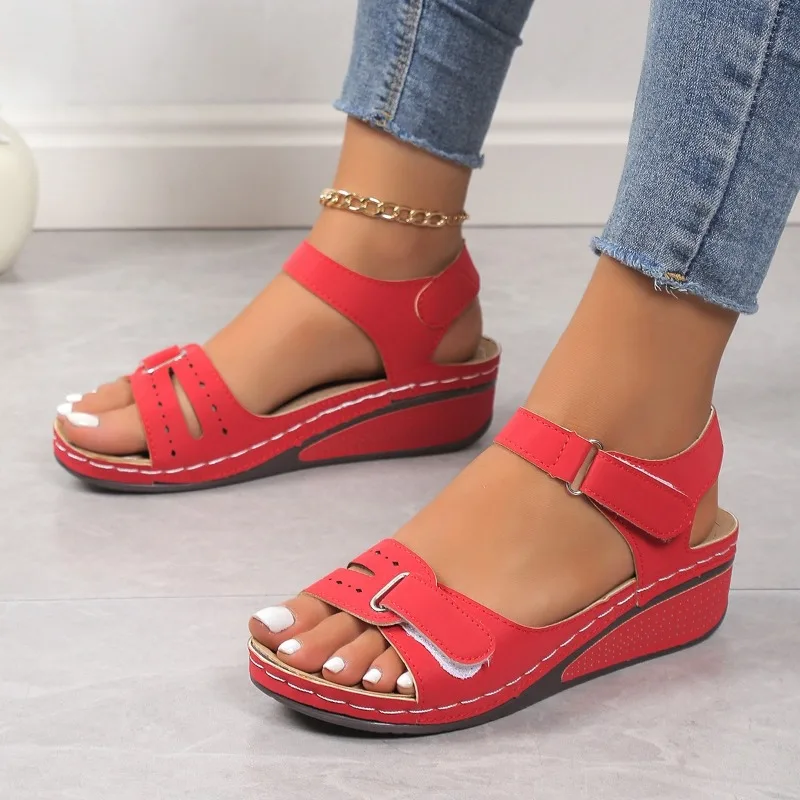 Soft Artificial Leather Open Toe Ankle-Wrap Walking Wedge Sandals