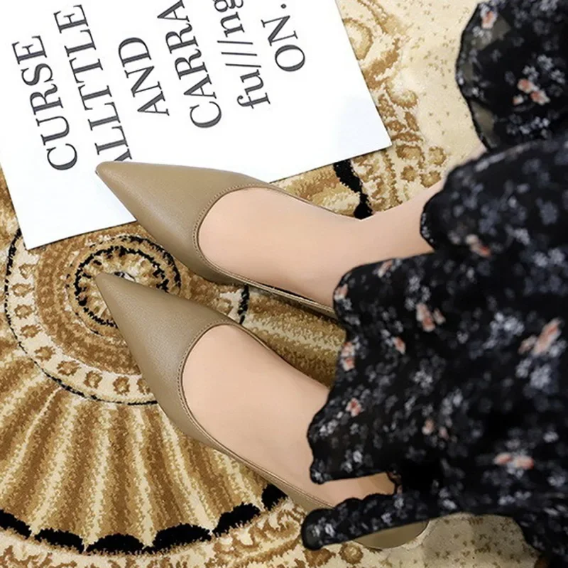 Soft Leather Pointed Toe Concise Office Style High Heels Pumps - Image 4