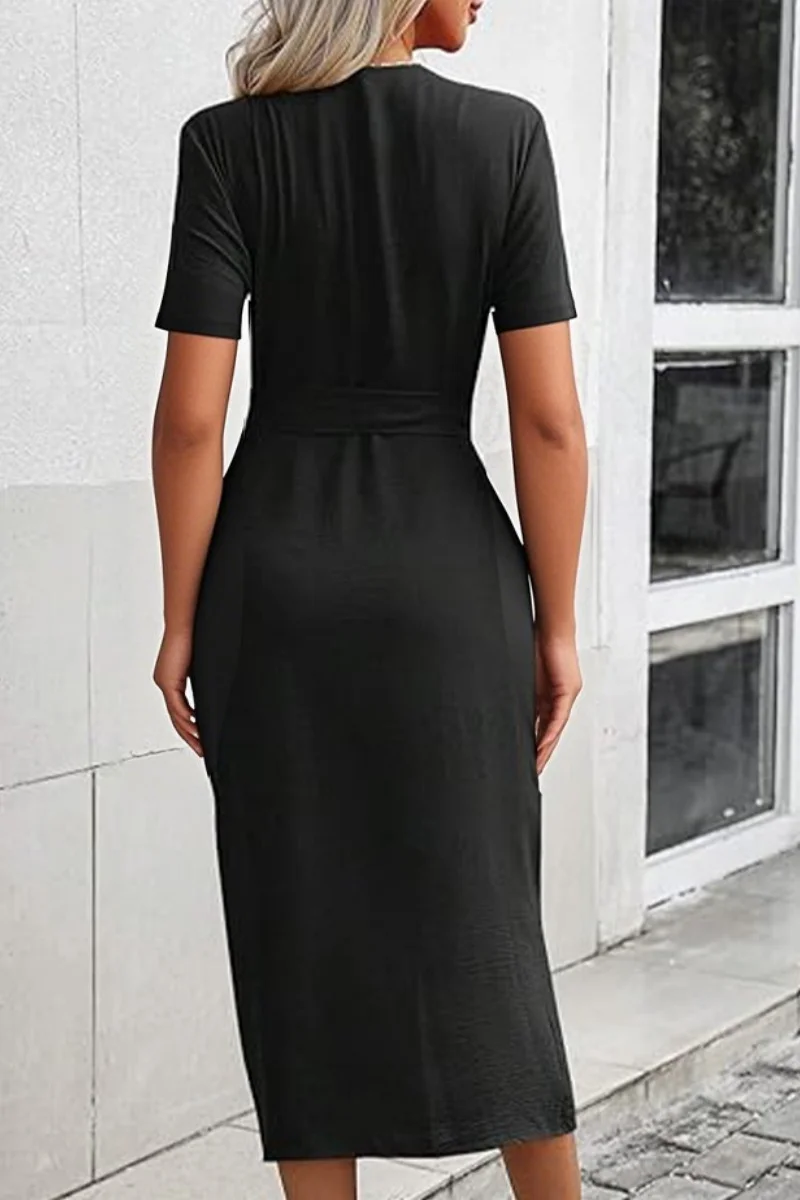 Solid Color Collar Waist Belted Short Sleeve Party Midi Dress - Image 2
