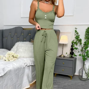 Solid Color Lace Edging Slim Fit Suspender And Pants Soft And Comfortable Pajamas Set