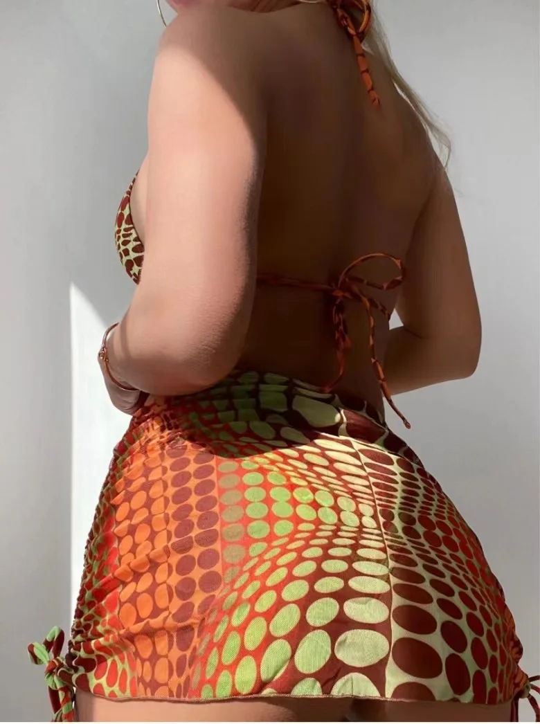 Striped Split Swimsuit Mesh Dress Four-Piece Swimsuit - Image 3