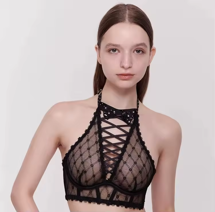 Sweetheart Bow Diamond Pattern Halter Top Slimming Thin Underwear Lingerie Set