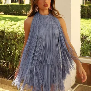 Tassel Fringe With Open Back Halter Neckline For Party Mini Dress