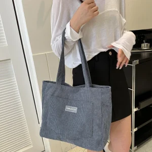 Trendy Corduroy Solid Color With Front Pocket Large Capacity Tote Shoulder Bag