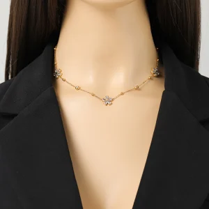 Trendy Stainless Steel Zirconia Flower Petal Necklace Bracelet Earrings Set