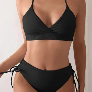 V-Neck Split Lace Up Triangular Solid Color Beach Swimwear Bathing Suit
