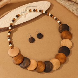 Vintage Wood Fashion Geometric Design Adjustable Necklace Earring Jewelry Sets