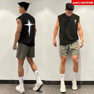 100% Cotton Sport Sleeveless Tee Fitness Swimm Run Vest Quick Dry Top