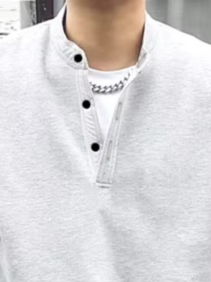 Retro Style Henry Solid Color Crew Neck Loose Sweatshirt - Image 2