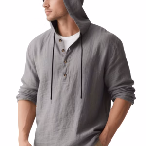 Casual Long Sleeve Button-Up Lightweight Linen Hooded Henley Linen Shirt