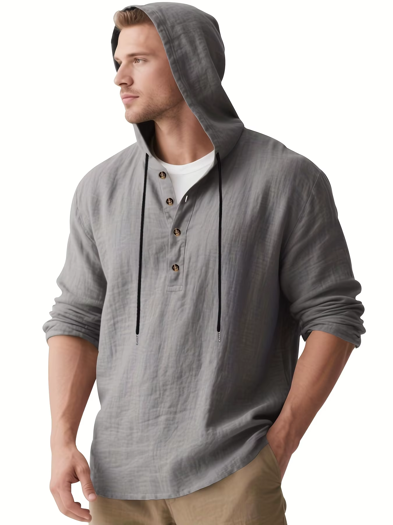 Casual Long Sleeve Button-Up Lightweight Linen Hooded Henley Linen Shirt