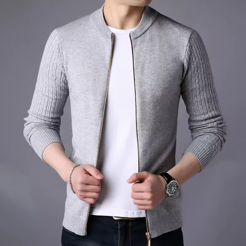 Solid Long Sleeve Knitted Full Zipper Wool Sweater Cardigan