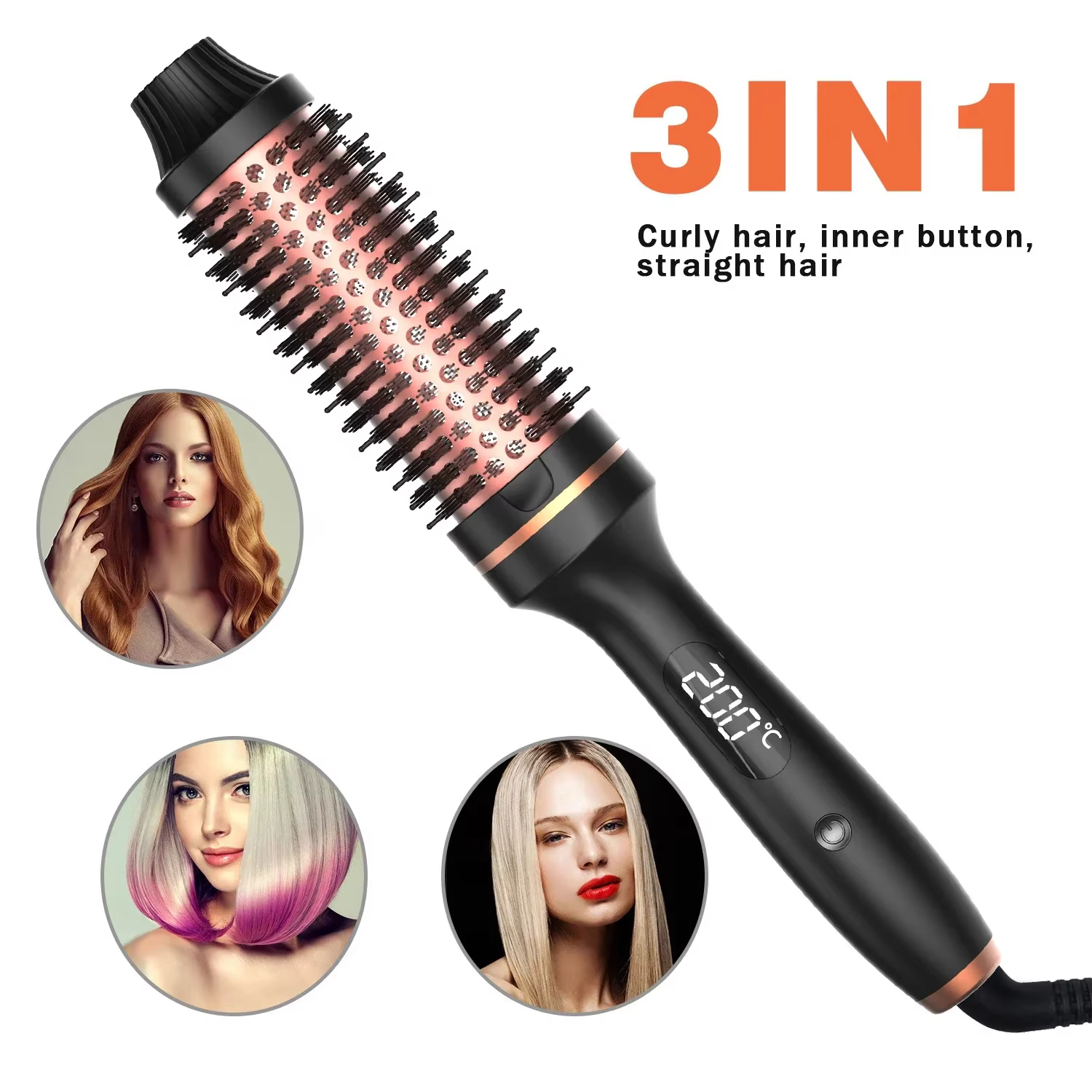 3 in 1 Heating Curling Iron Ceramic Heated Round Brush Electric Hair Straightener Brushs