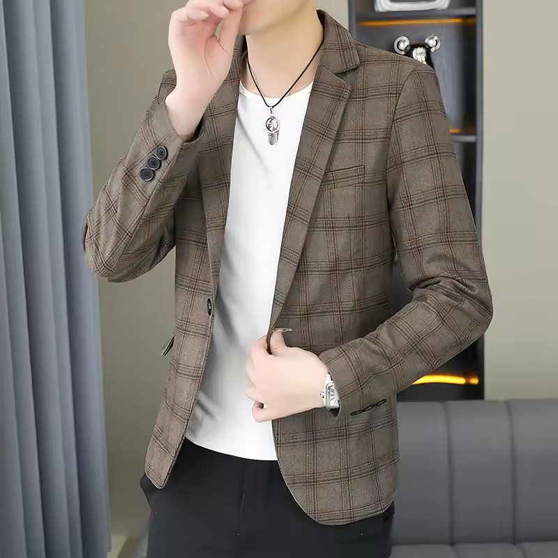 Business Style Single Breasted Checkered Slim-Fit Blazer Suit - Image 2