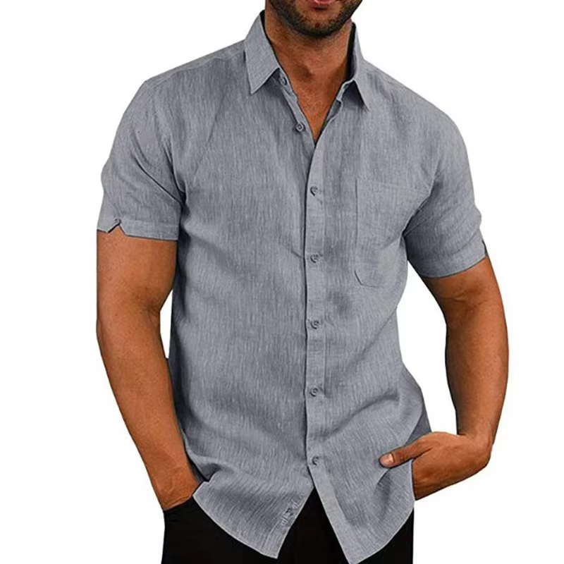 Formal Cotton Short Sleeved Solid Turn-Down Collar Linen Shirts