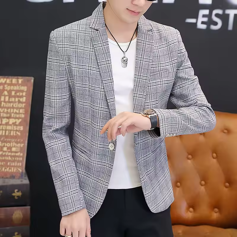 Business Style High-End Plankton Design Checkered Blazer Suit - Image 4