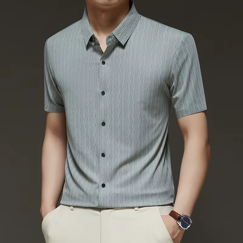 Business Style Leisure Seamless Short Sleeved Vertical Stripe Lapel Collar Shirt - Image 3