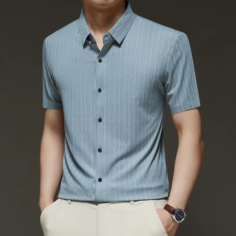 Business Style Leisure Seamless Short Sleeved Vertical Stripe Lapel Collar Shirt - Image 2