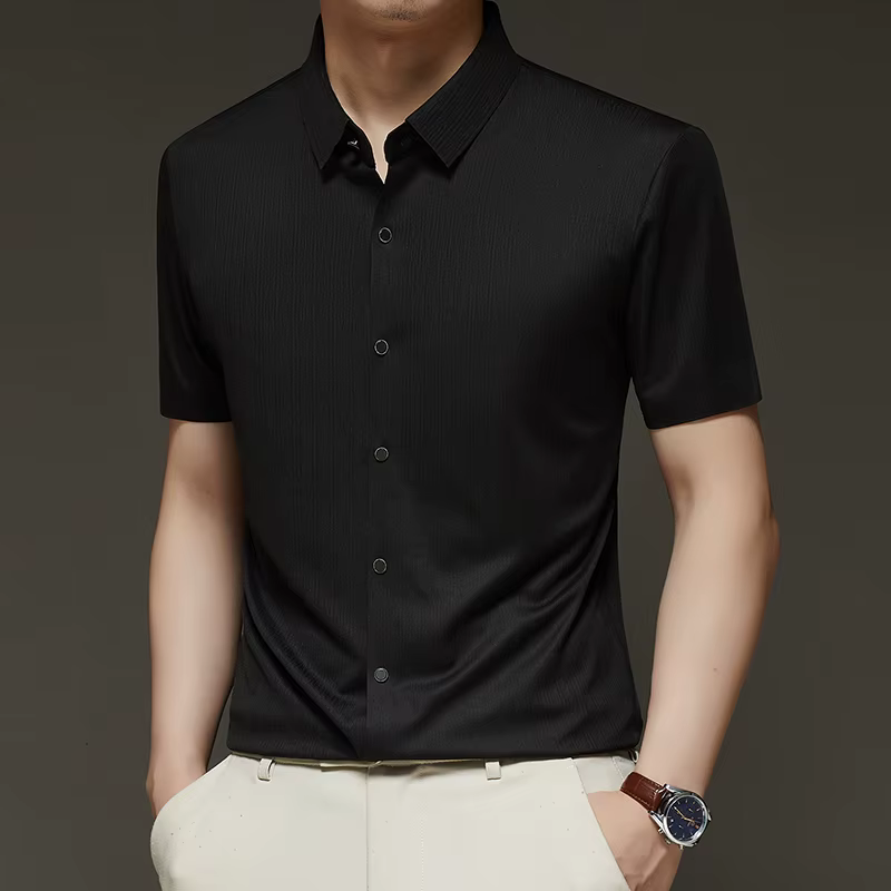 Business Style Leisure Seamless Short Sleeved Vertical Stripe Lapel Collar Shirt - Image 5