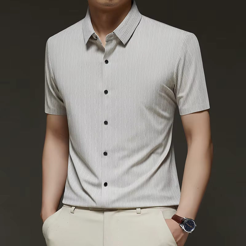 Business Style Leisure Seamless Short Sleeved Vertical Stripe Lapel Collar Shirt - Image 4