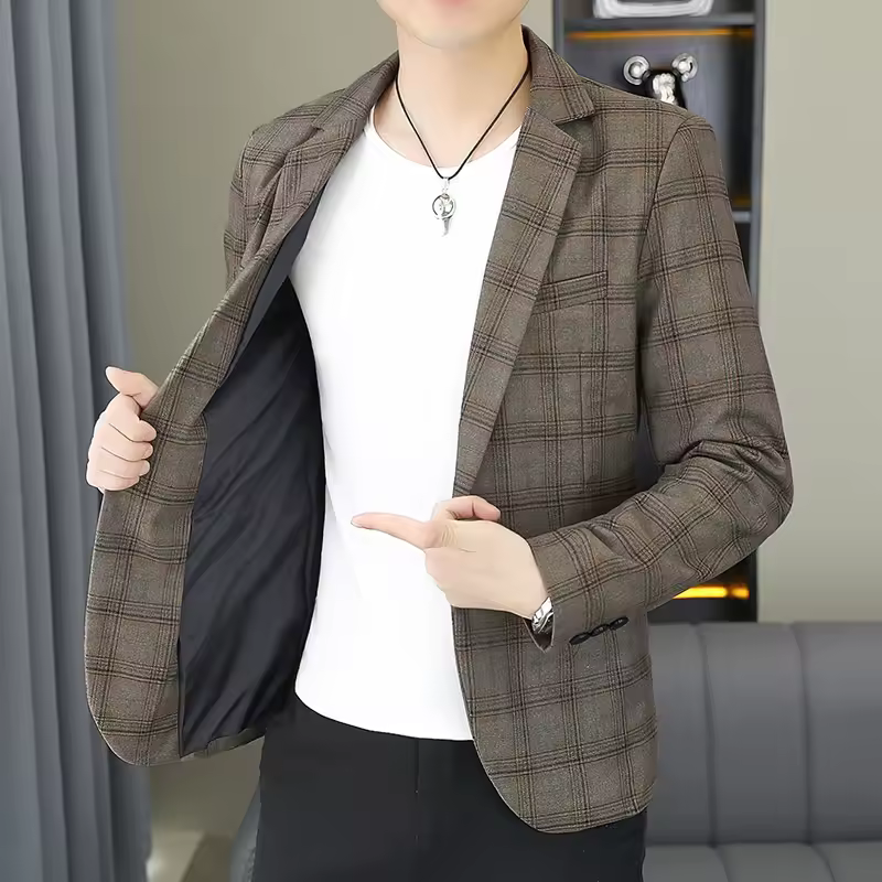 Business Style Single Breasted Checkered Slim-Fit Blazer Suit