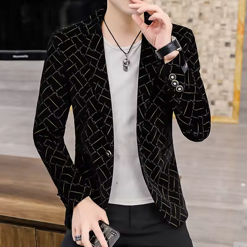 Business Style Single Button Printed Core Velvet Slim Fit Blazer Suit