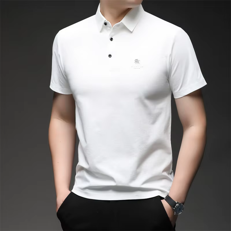 Casual Breathable Comfortable Versatile Short Sleeved with Badge Solid Color Polo T-Shirt