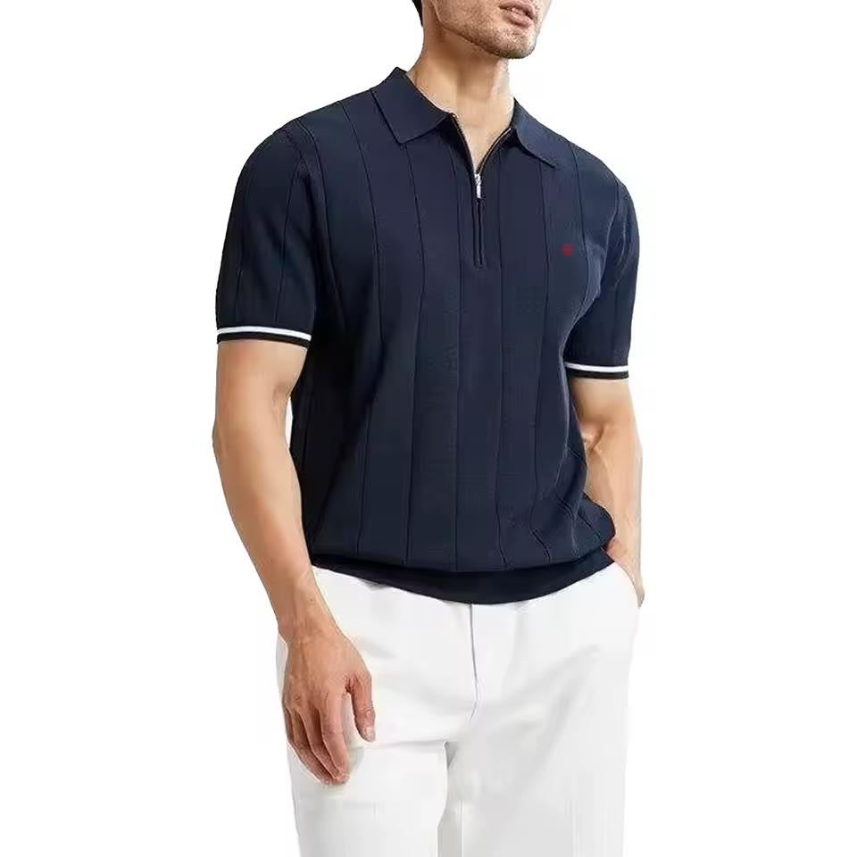 Casual Breathable and Cool Ribbed Knit Textured Polo T-Shirt