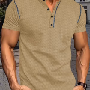 Casual Henry Collar Contrast Stitching Short Sleeve Polo T-Shirt