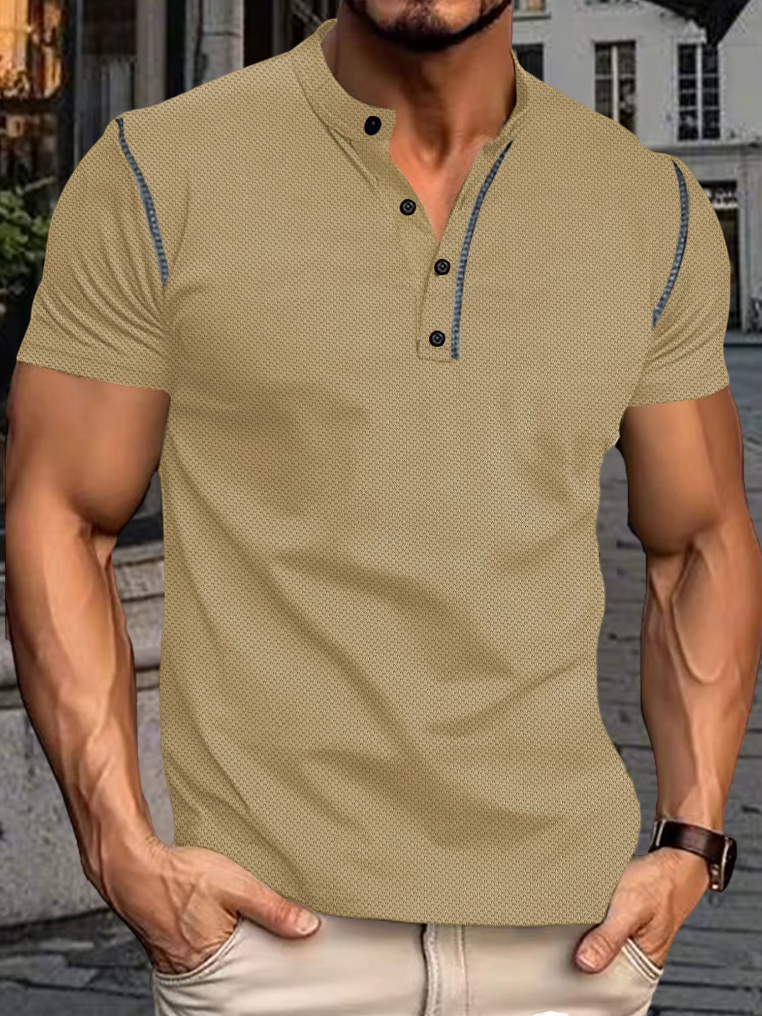 Casual Henry Collar Contrast Stitching Short Sleeve Polo T-Shirt