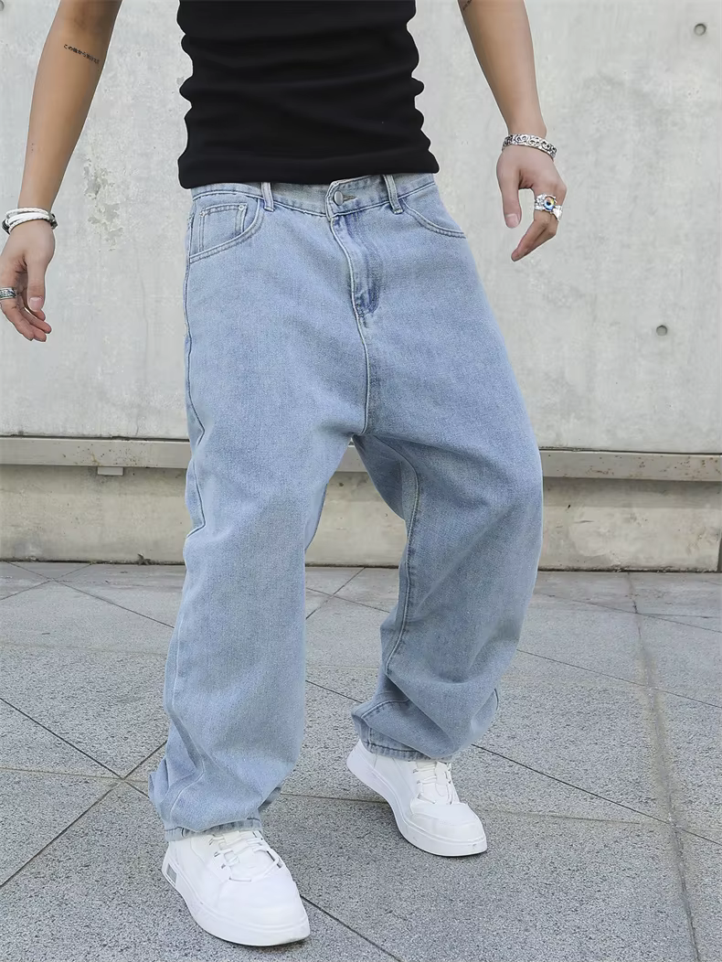 Casual Denim Trousers Solid Color Streetwear Fashion Wide Leg Pants